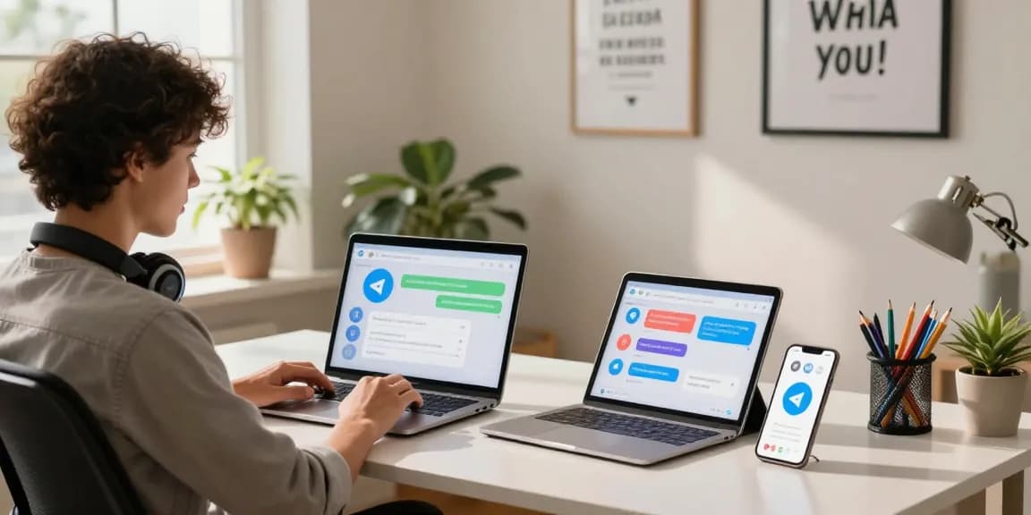 Dynamic home office setup showcasing Telegram下载 on devices with natural light.