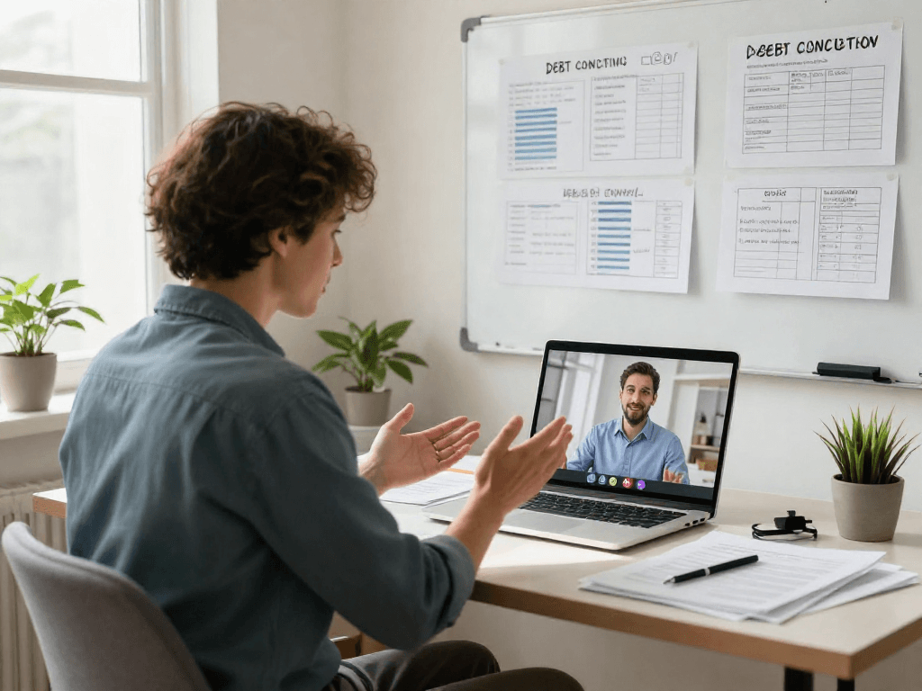 Debt consolidation consultation in a cozy home office, showcasing financial planning documents and a video call with an advisor.