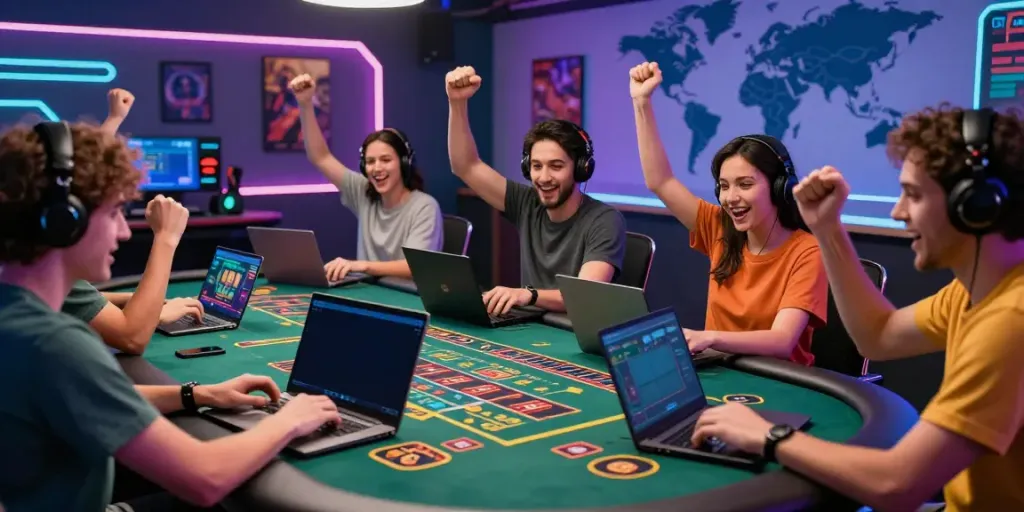 Exciting scene of players enjoying de bet games on devices in a vibrant online entertainment space.