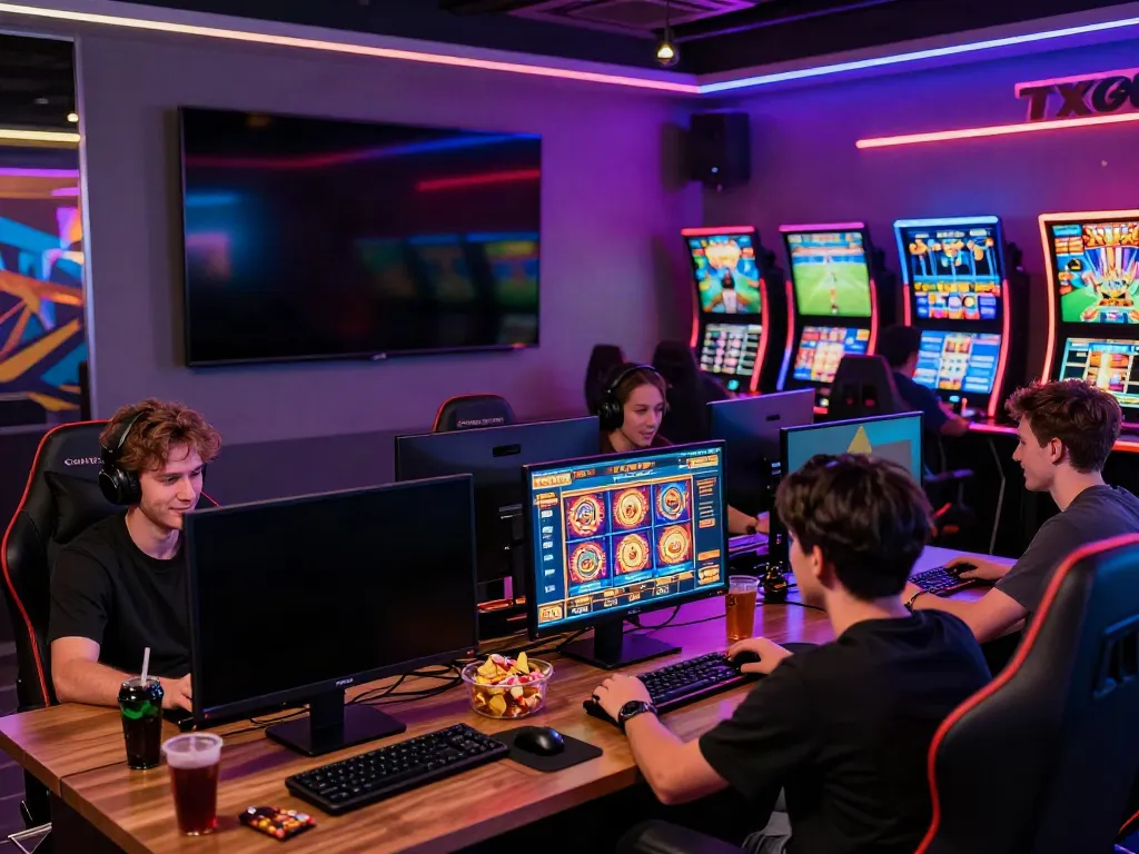 Dynamic TX88 online gaming scene showcasing vibrant slot games and enthusiastic players in a modern lounge.