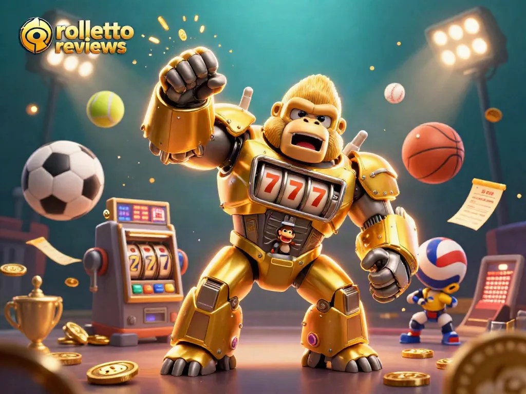 Experience thrilling rolletto reviews with a dynamic 3D illustration showcasing a golden gorilla mech amidst sports elements.