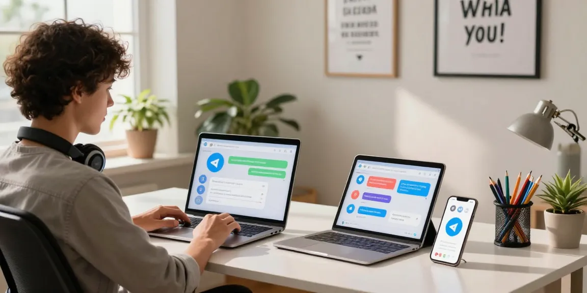 Dynamic home office setup showcasing Telegram下载 on devices with natural light.