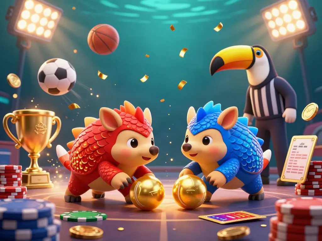 Engaging scene of rival pangolins rolling golden balls in Non gamstop casinos UK, featuring vibrant casino elements and a toucan referee.