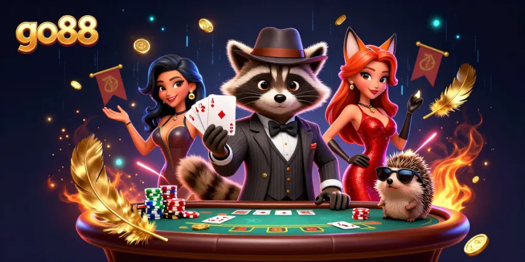 go88 showcases a suave raccoon in poker action, flanked by a stylish fox and hedgehog bouncer.