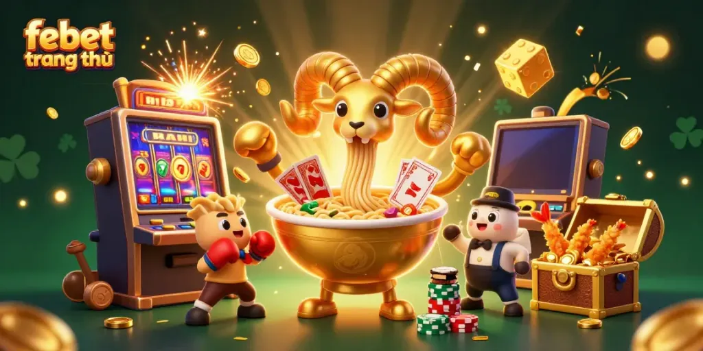 Experience febet trang chủ with a playful 3D illustration of a ramen bowl dealer and dynamic casino elements.