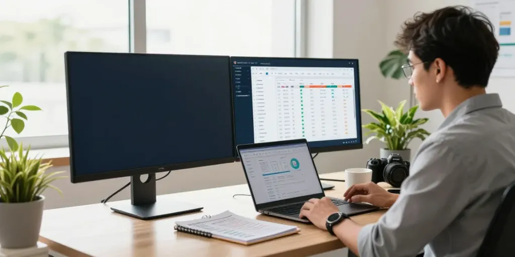 Digital marketer monitoring instant indexing metrics in a modern office
