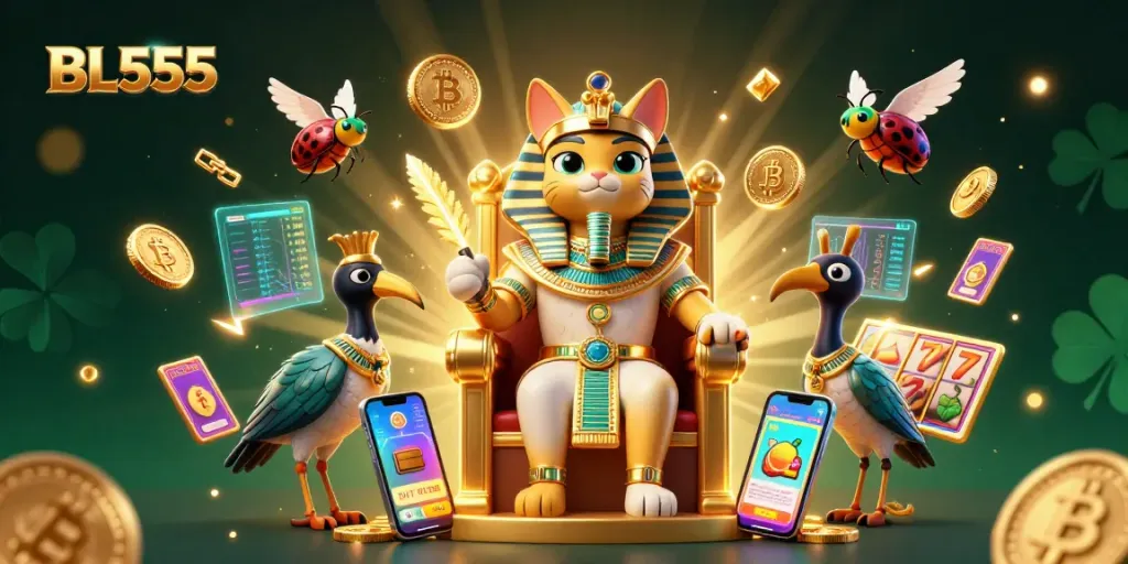 Engage in thrilling gameplay at BL555 with a vibrant 3D illustration showcasing slots and crypto elements.