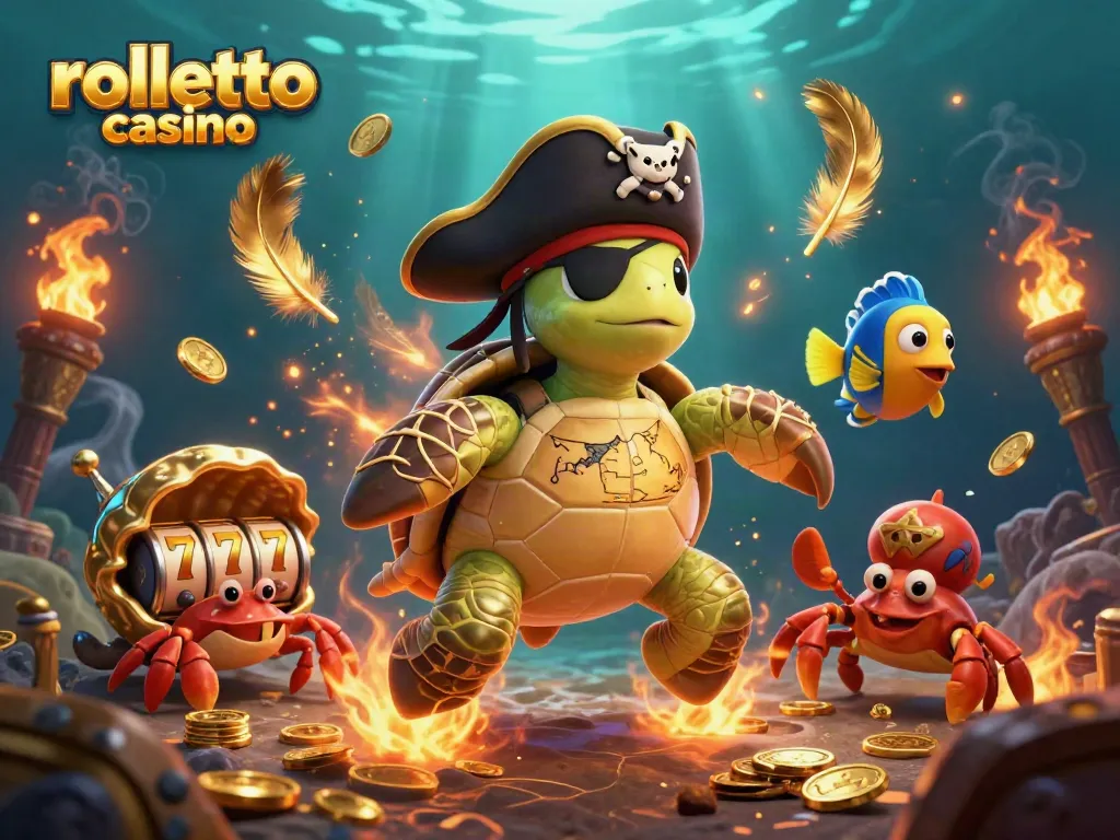 Engage with rolletto casino experience featuring vibrant pirate turtle, treasures, and slot reels.