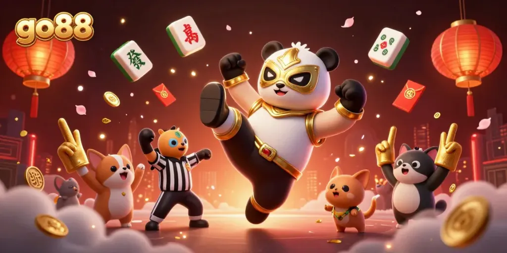 Engage with exhilarating action at go88 casino, featuring an energetic panda wrestler amidst festive gambling elements.