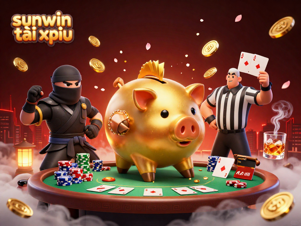 Experience thrilling action with sunwin tài xỉu as a golden piggy bank sumo wrestler conquers a vibrant poker scene.