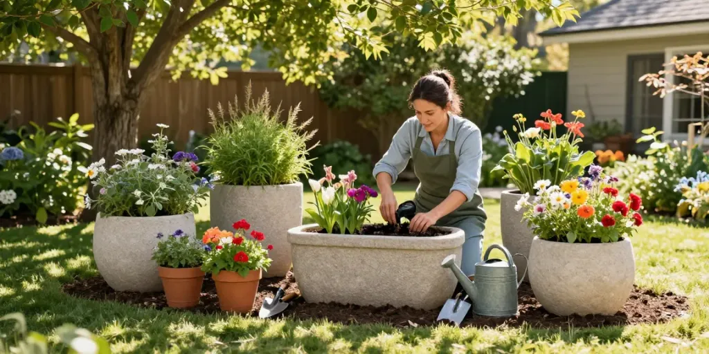 Beautiful garden scene with Idealist Planters being used by a gardener.
