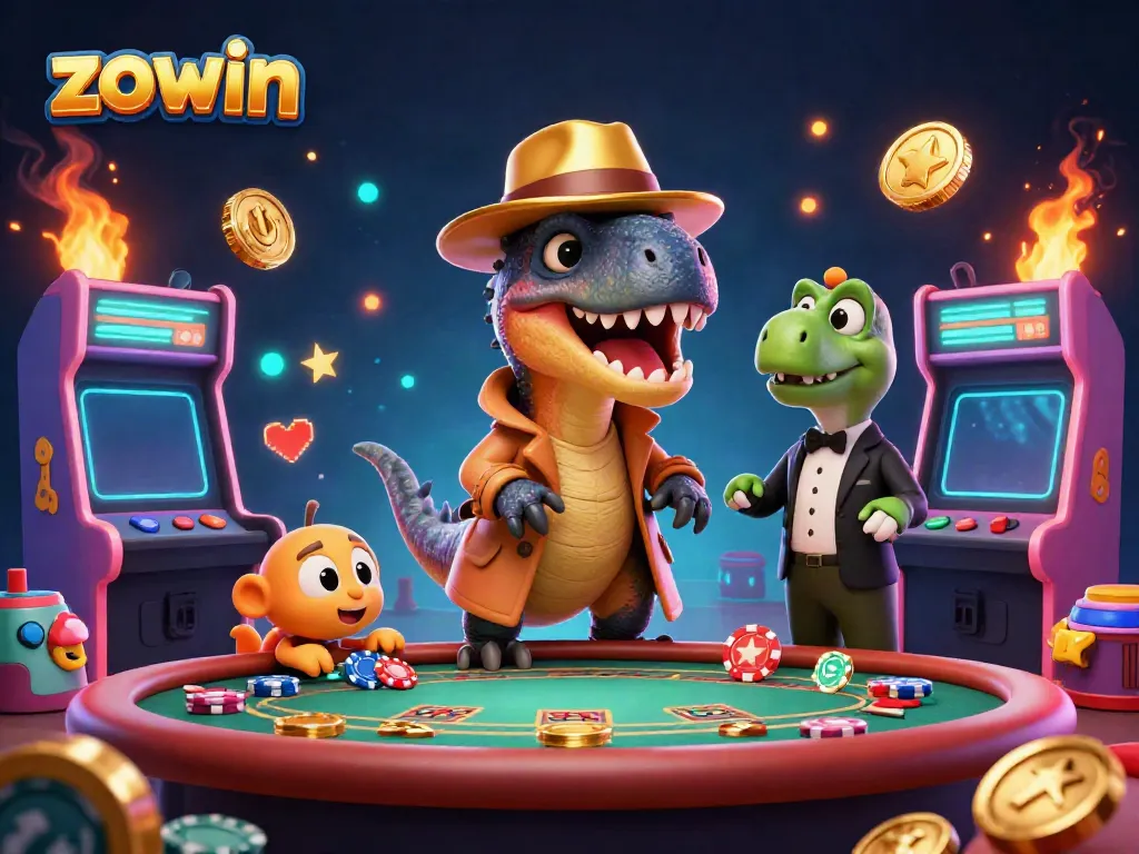 Zowin casino illustration featuring a velociraptor card counter and a stegosaurus pit boss at a blackjack table