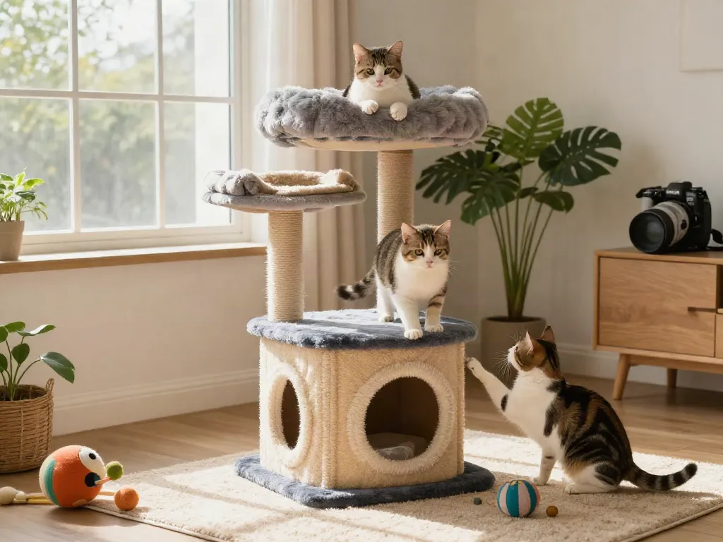 Playful cats climbing stylish cat trees in a sunny living room