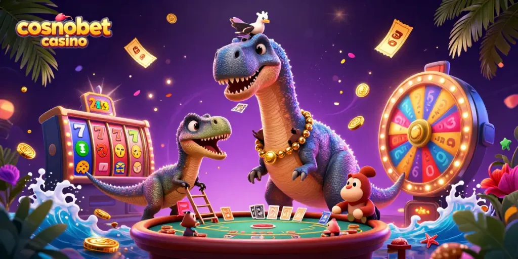 Experience cosmobet casino excitement with a cartoon brontosaurus and clever raptor in a lively scene.