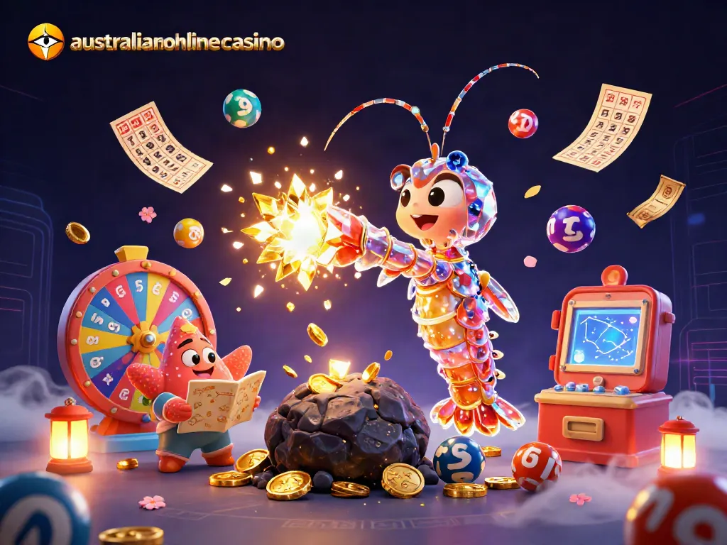 Experience thrilling gaming with australianonlinecasino's vibrant casino elements in a cosmic 3D scene.