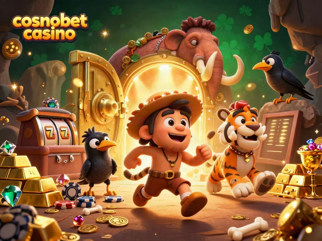 Experience excitement at Cosmobet Casino with playful cavemen and treasures in a rich 3D scene.