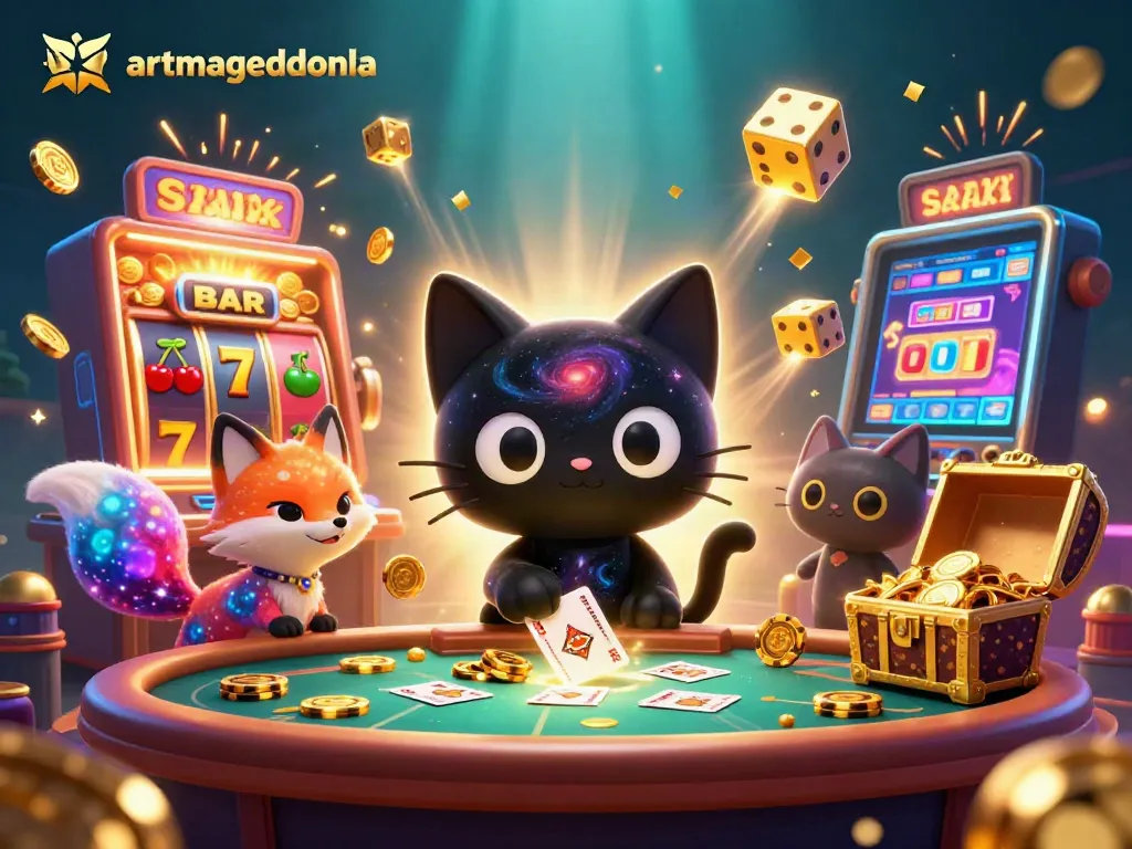Engage with artmageddonla's thrilling casino experience featuring a cosmic scene of a black hole cat and nebula fox.