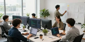 Dynamic team collaborating on AI agents projects in a modern tech workspace.
