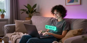 Engaging in nsfw ai chat on a laptop in a cozy room atmosphere.