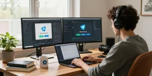 Engaging programming workspace showcasing Telegram Download on screens, ideal for tech enthusiasts.