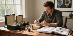 Showcase of rolex super clone watches on a collector's desk with watchmaking tools and sunlight.