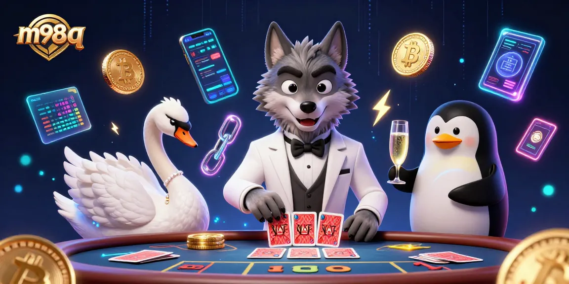 Play exciting casino games with m98 q at a vibrant baccarat table with charming characters.