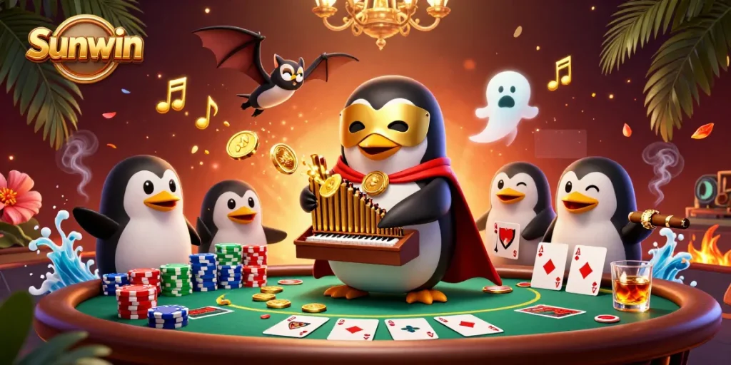 Play exciting casino games at Sunwin with vibrant 3D penguin organist amidst floating poker chips.