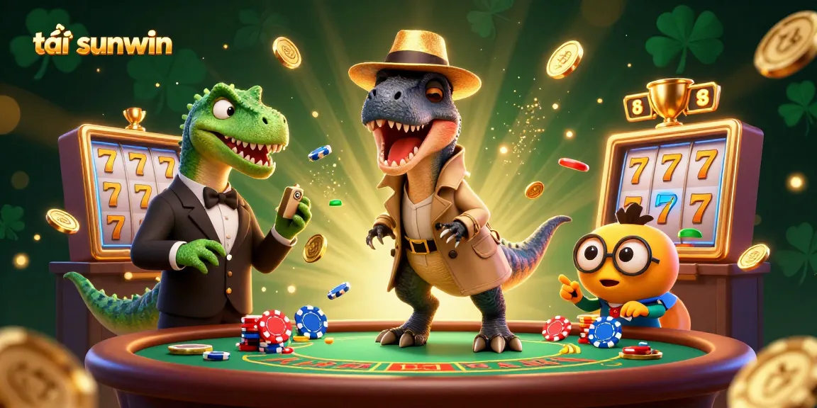 Experience the excitement of tải sunwin with a 3D illustration featuring a velociraptor at a blackjack table surrounded by casino elements.
