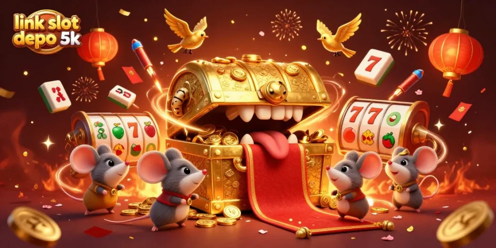 Spin and win with link slot depo 5k, featuring colorful slot reels and a treasure chest in a vibrant scene.