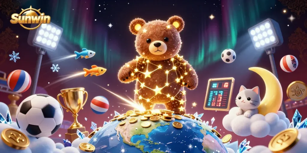 Sunwin showcases an enchanting 3D scene with starry characters and dynamic sports betting elements.