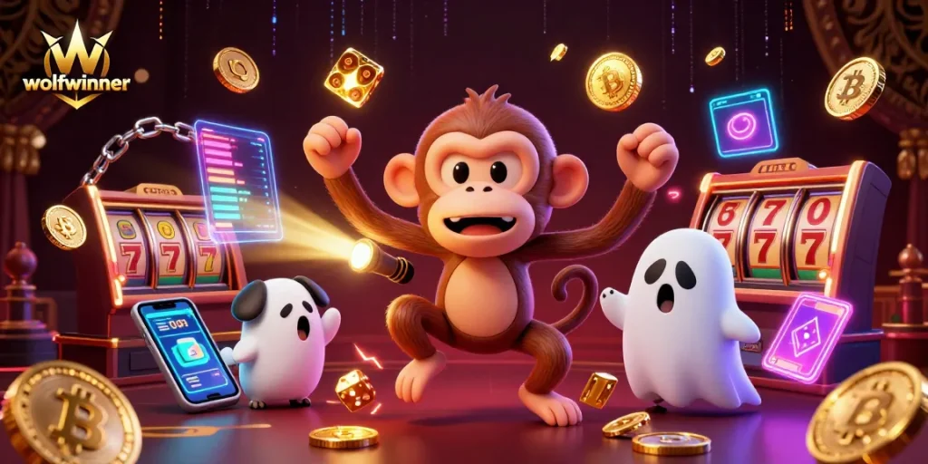 Experience thrilling gaming at wolfwinner with a lively haunted casino scene filled with ghosts and jackpots.